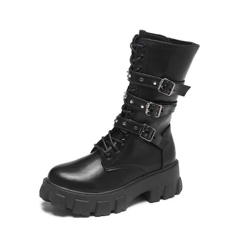 Buckle Lace - up Side Zip Punk Women's Mid Boots Black