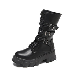Buckle Lace - up Side Zip Punk Women's Mid Boots Black