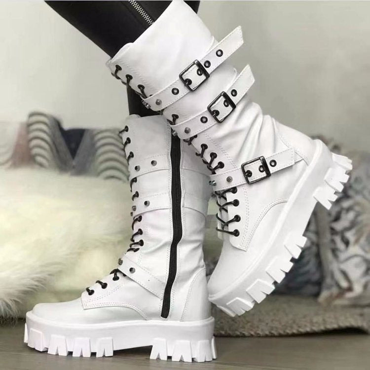 Buckle Lace - up Side Zip Punk Women's Mid Boots Black