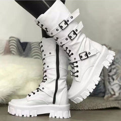 Buckle Lace - up Side Zip Punk Women's Mid Boots Black