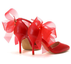 Butterfly Flower Wedding Shoes Strap Bridal Pointed High Heels Red