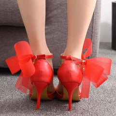 Butterfly Flower Wedding Shoes Strap Bridal Pointed High Heels Red