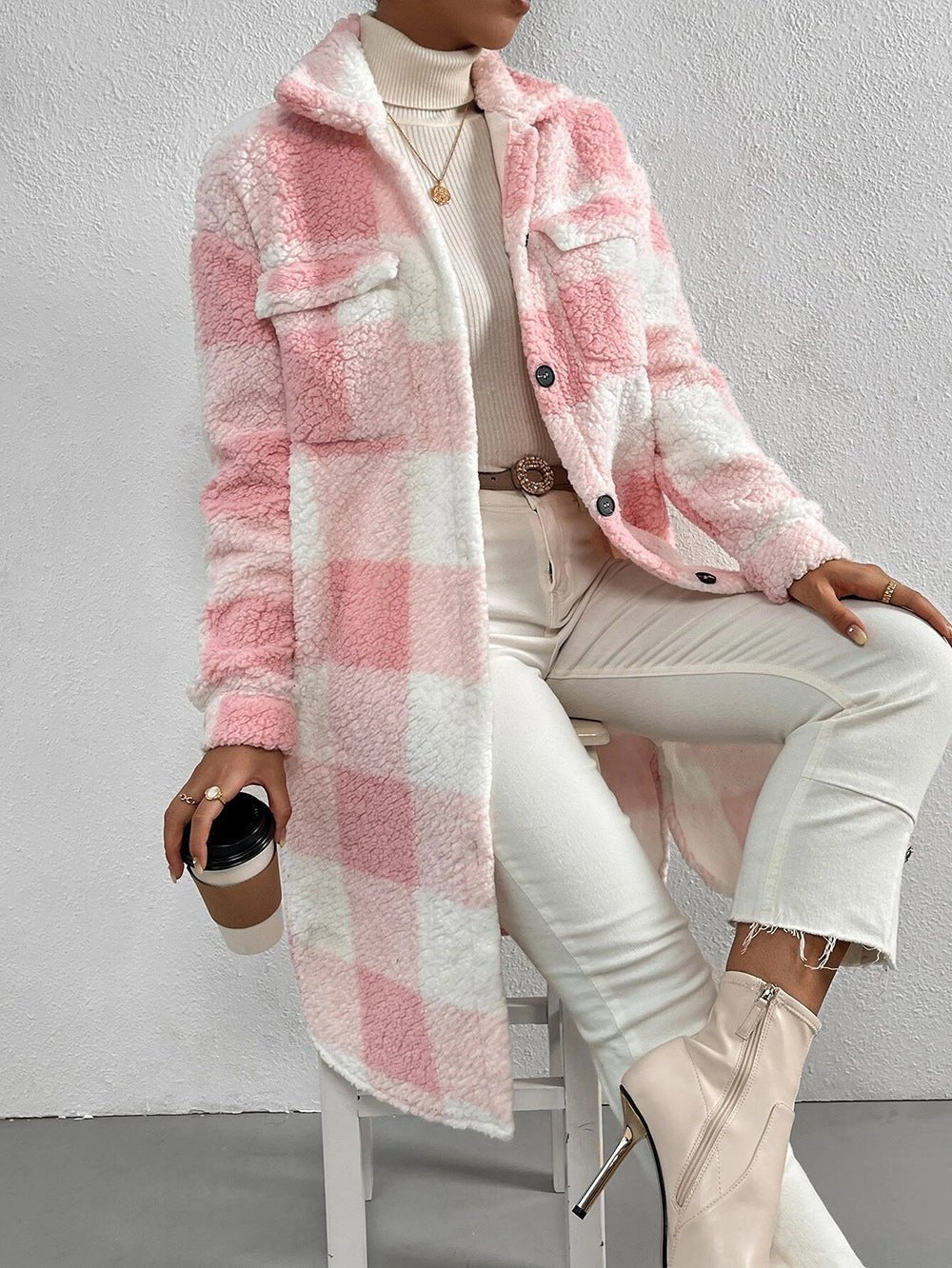 Button Lapel Plush Cozy Plaid Coat Loose Winter Coat Pink And White Plaid