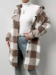 Button Lapel Plush Cozy Plaid Coat Loose Winter Coat Coffee And White