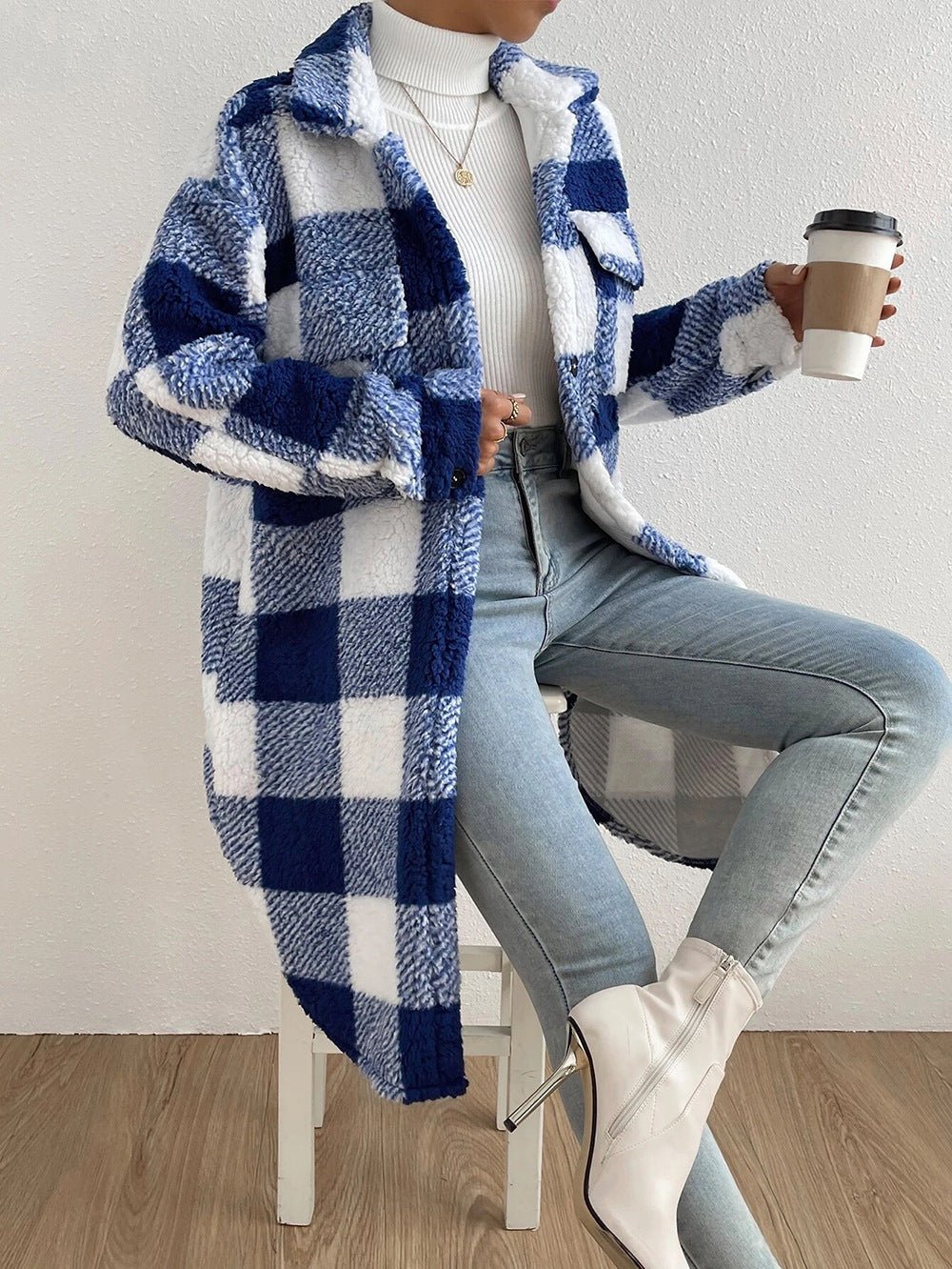 Button Lapel Plush Cozy Plaid Coat Loose Winter Coat Blue And White Plaid