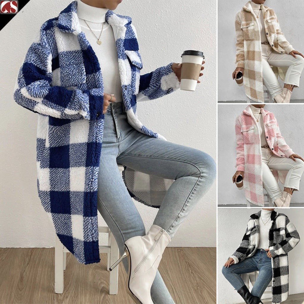 Button Lapel Plush Cozy Plaid Coat Loose Winter Coat Apricot And White Plaid