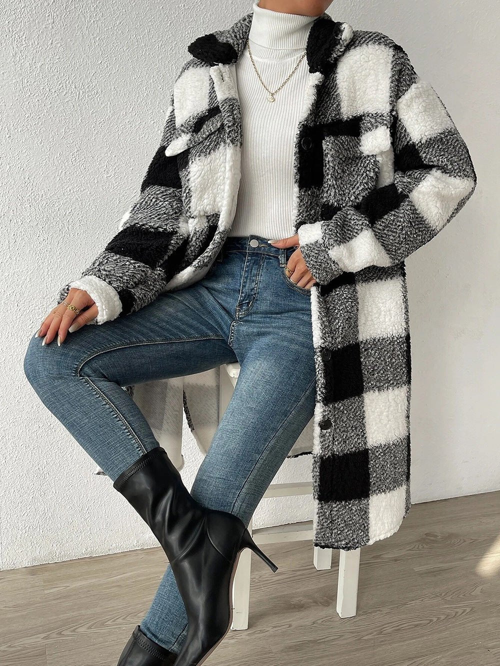 Button Lapel Plush Cozy Plaid Coat Loose Winter Coat Black And White Plaid