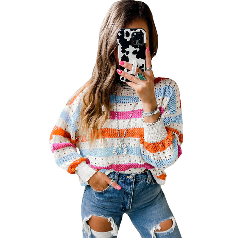 Leisure Personality Stitching Striped Round Neck Sweater Pink