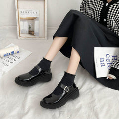 Small Leather Shoes Black High Heel Women's Chunky Heel Platform