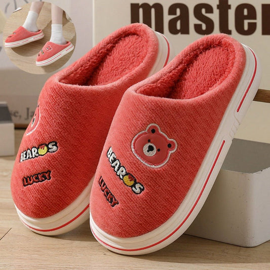 Cartoon Bear Plush Slippers For Couple Thick - Furry Slipper Men Coffee