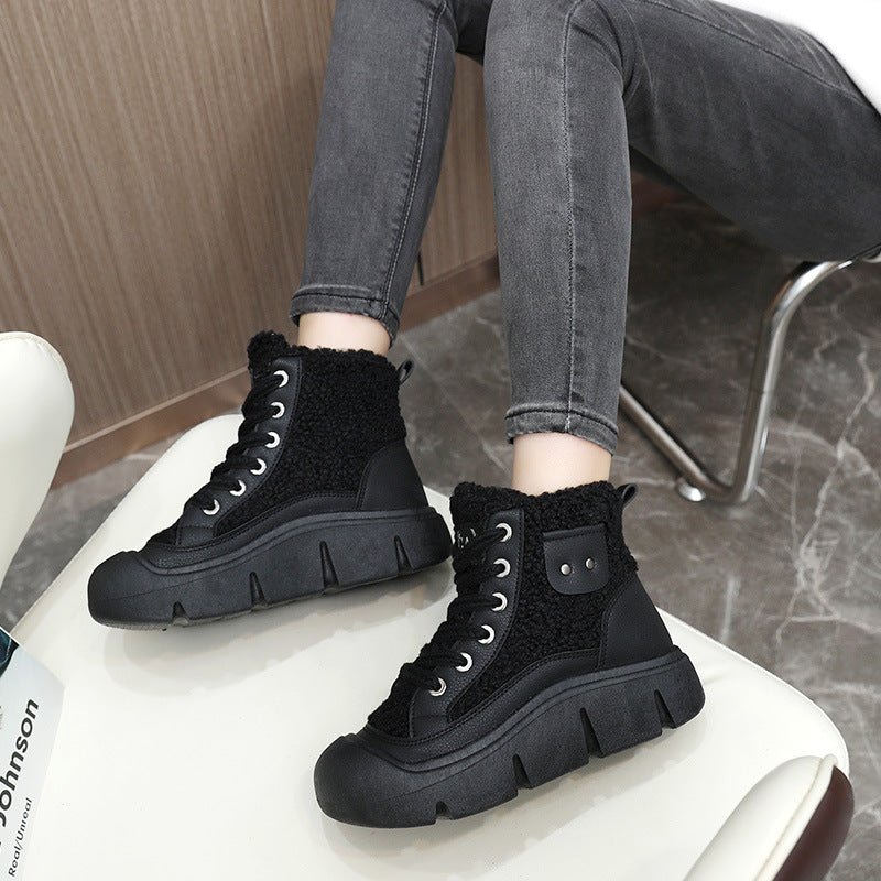 Cashmere Snow Boots Lace - up High - top Students Height Increasing Shoes Black