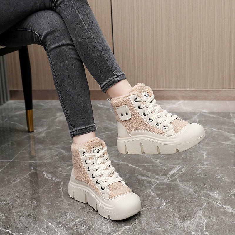 Cashmere Snow Boots Lace - up High - top Students Height Increasing Shoes Black