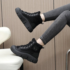 Cashmere Snow Boots Lace - up High - top Students Height Increasing Shoes Black