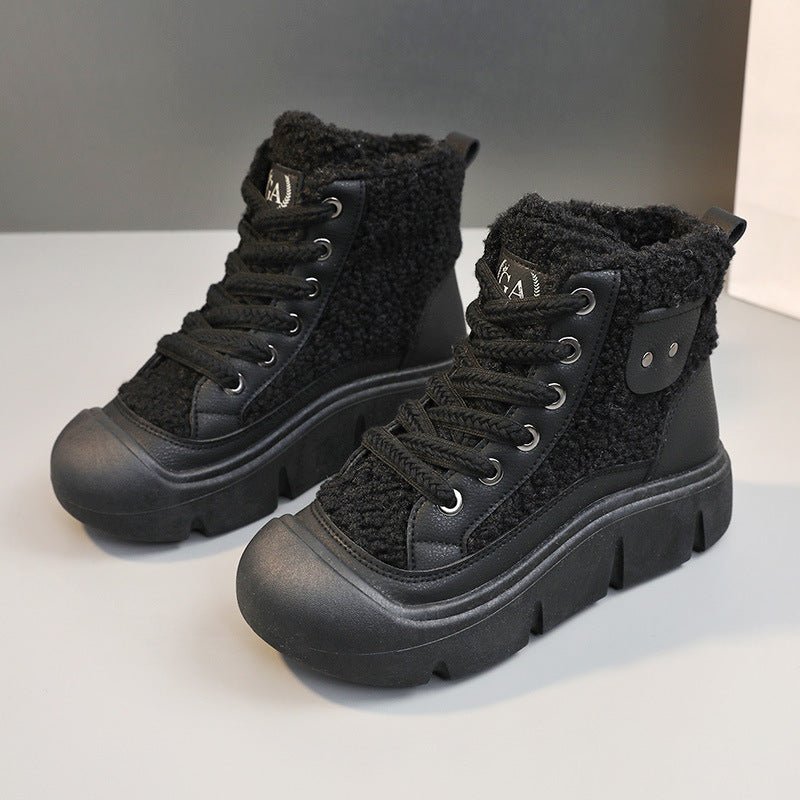 Cashmere Snow Boots Lace - up High - top Students Height Increasing Shoes Black