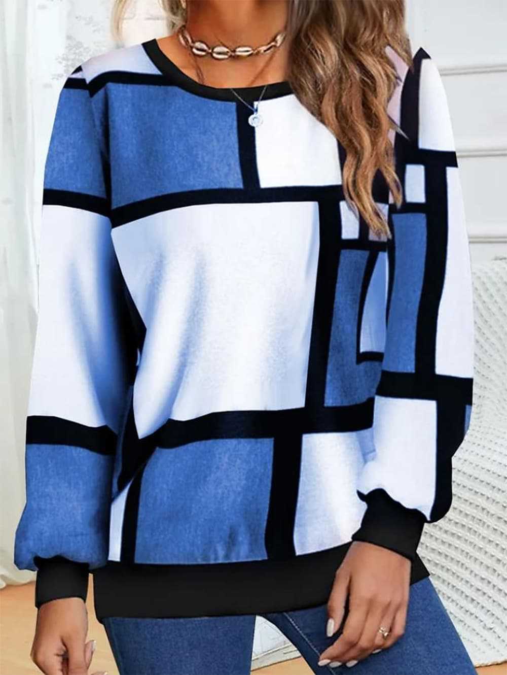 Casual Geometric 3D Printed Loose Long - Sleeve Sweater 2 Style