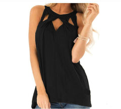 Casual Solid Color Hollow - out Halter T - shirt Black