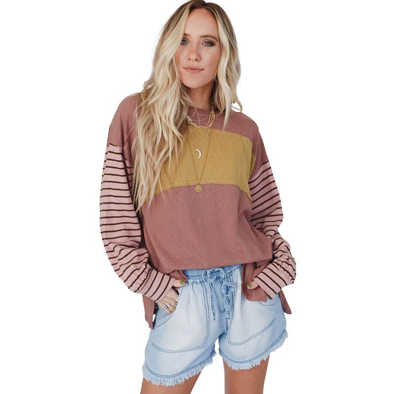 Casual Striped Color Matching Long - Sleeved Hoodie Red