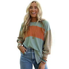 Casual Striped Color Matching Long - Sleeved Hoodie Green