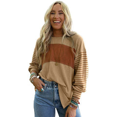 Casual Striped Color Matching Long - Sleeved Hoodie Khaki