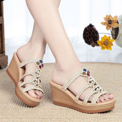 Chic Chunky Sandals Trendy Stroppy High Heel Platform Women's Shoes Beige Slippers