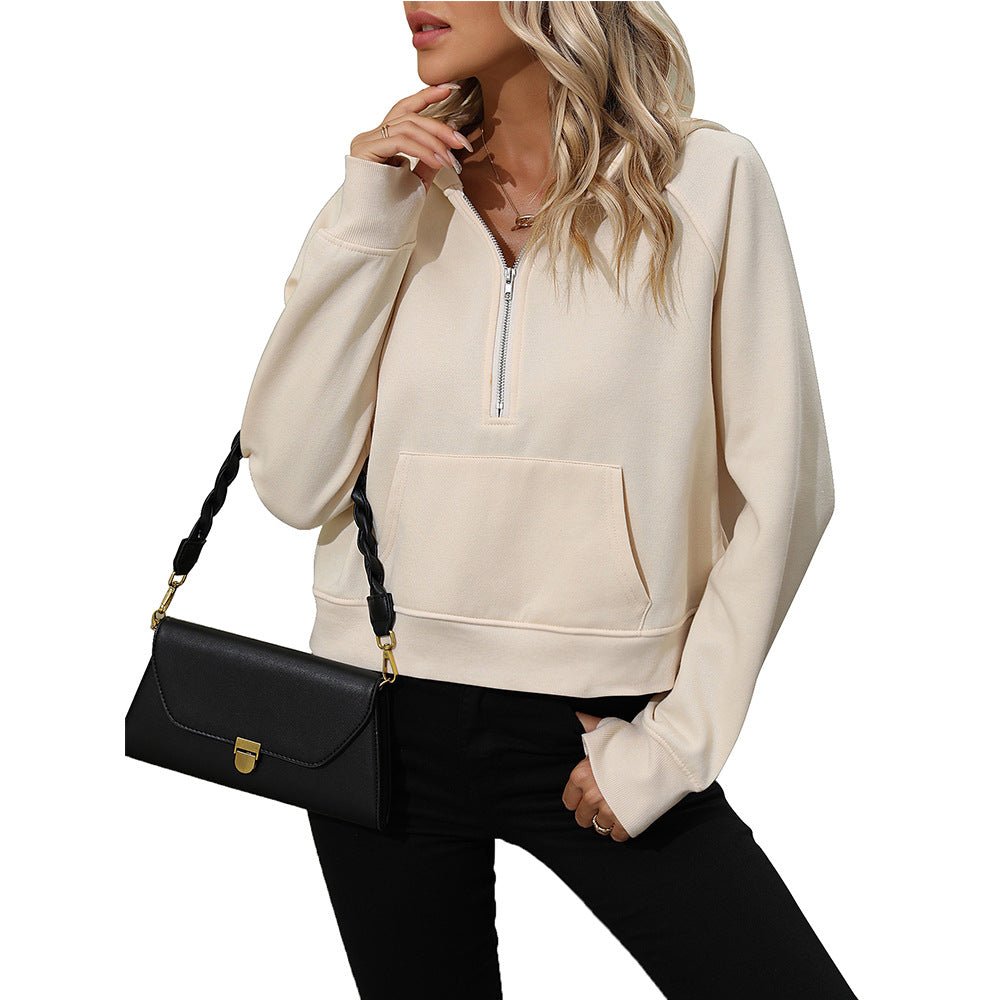 Chic Half - Zip Hooded Fleece Sweatshirt Light Gray