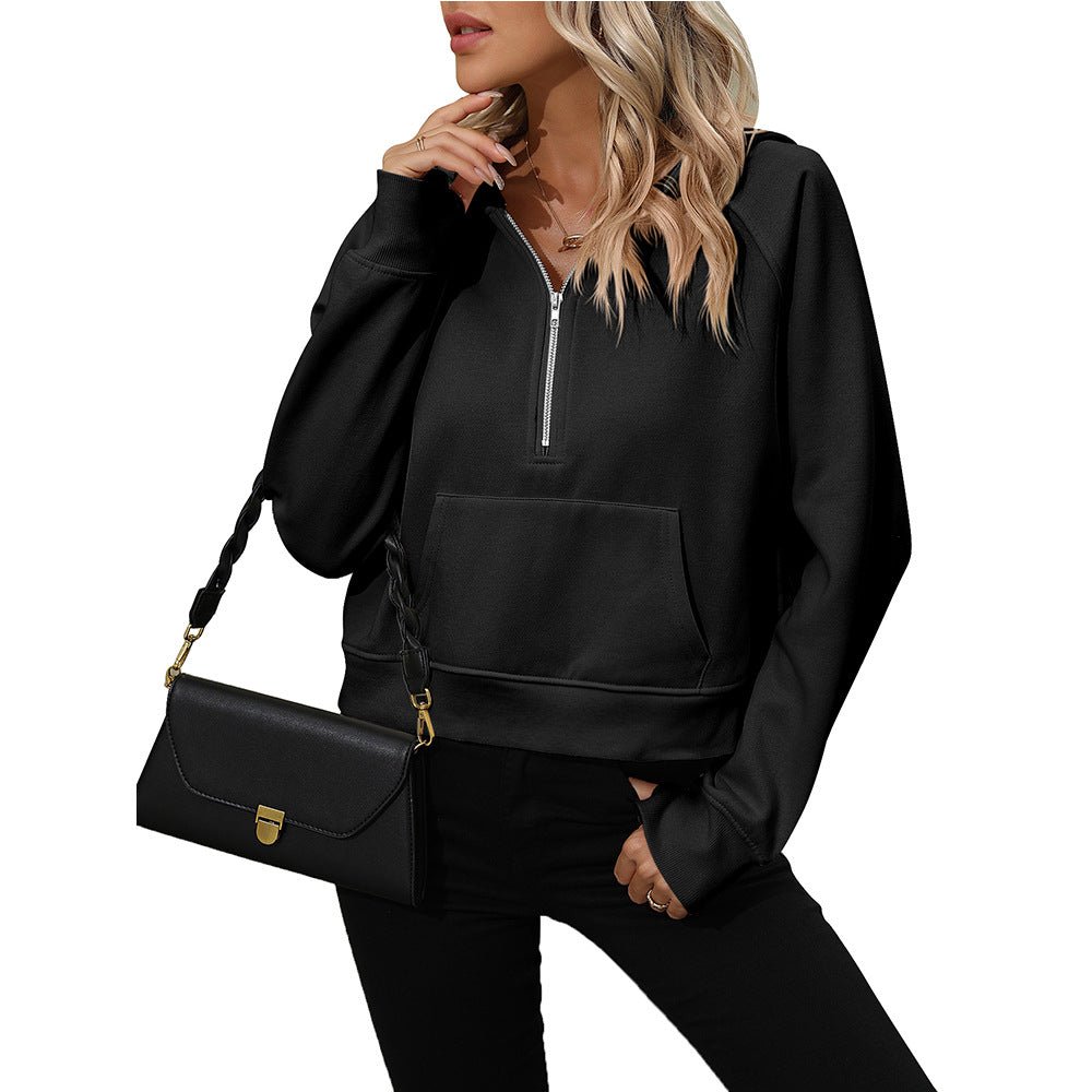 Chic Half - Zip Hooded Fleece Sweatshirt Black