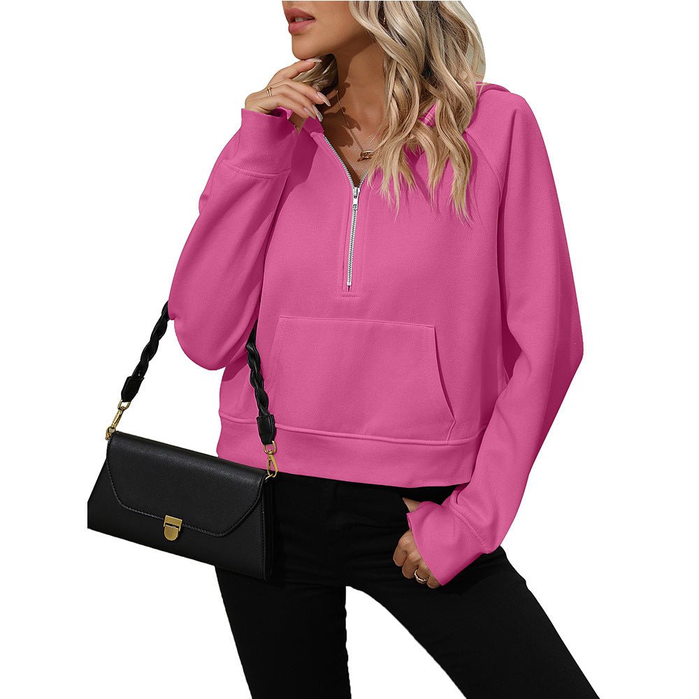 Chic Half - Zip Hooded Fleece Sweatshirt Rose Red