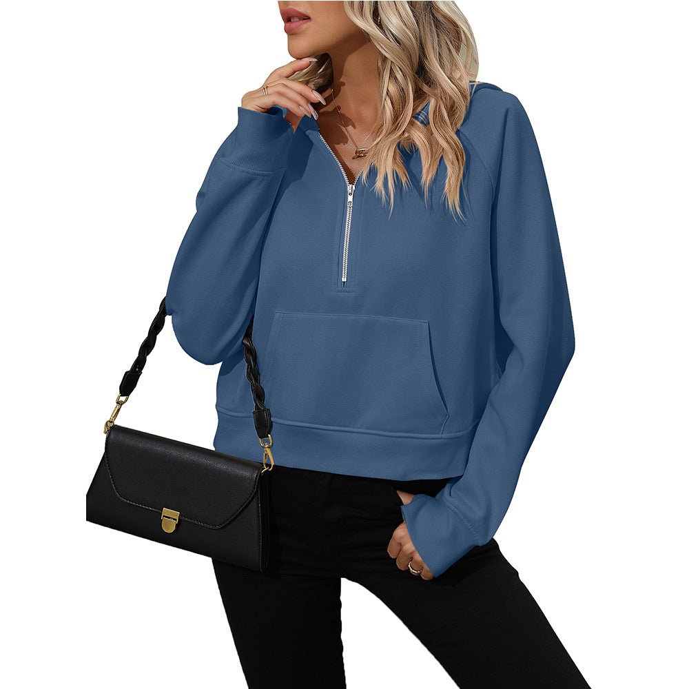 Chic Half - Zip Hooded Fleece Sweatshirt Dark Blue