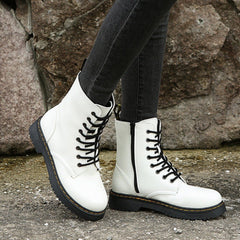 Chic Lace - up Boots Black White Zipper Mid - calf Boots Elegant Shoes White