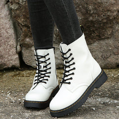 Chic Lace - up Boots Black White Zipper Mid - calf Boots Elegant Shoes White