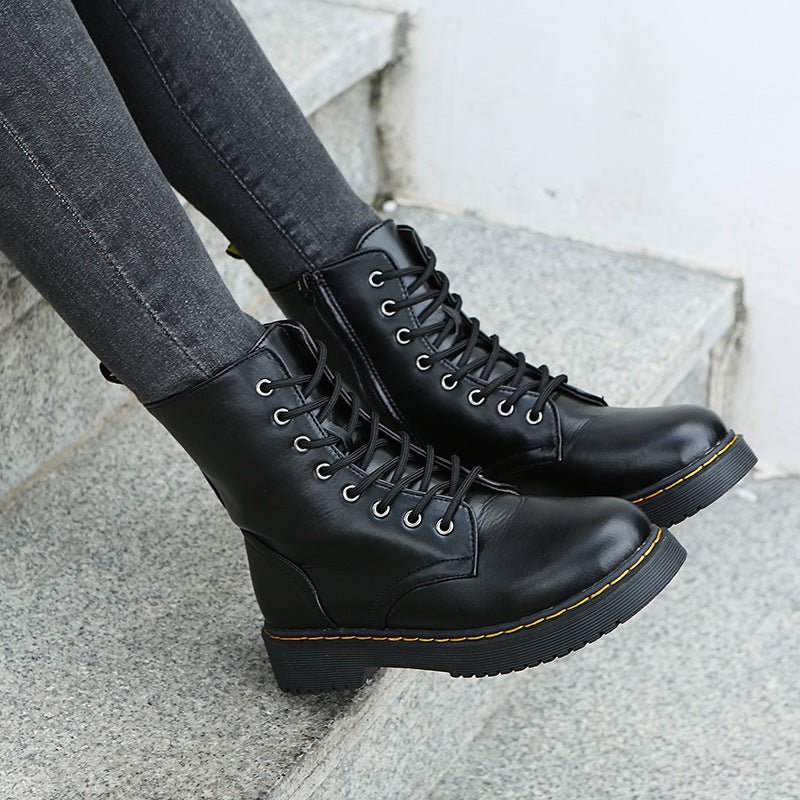 Chic Lace - up Boots Black White Zipper Mid - calf Boots Elegant Shoes Black