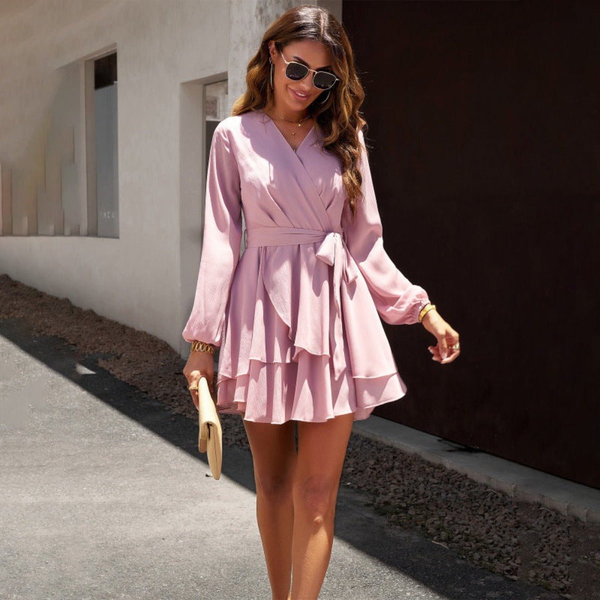 Chic Long - Sleeved A - Line Dress Pink