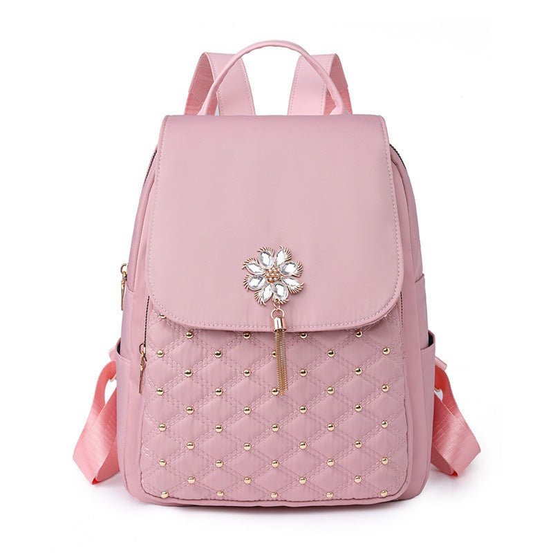 Chic Nylon Backpack: Korean Style with Fashionable Embroidery Thread Pink