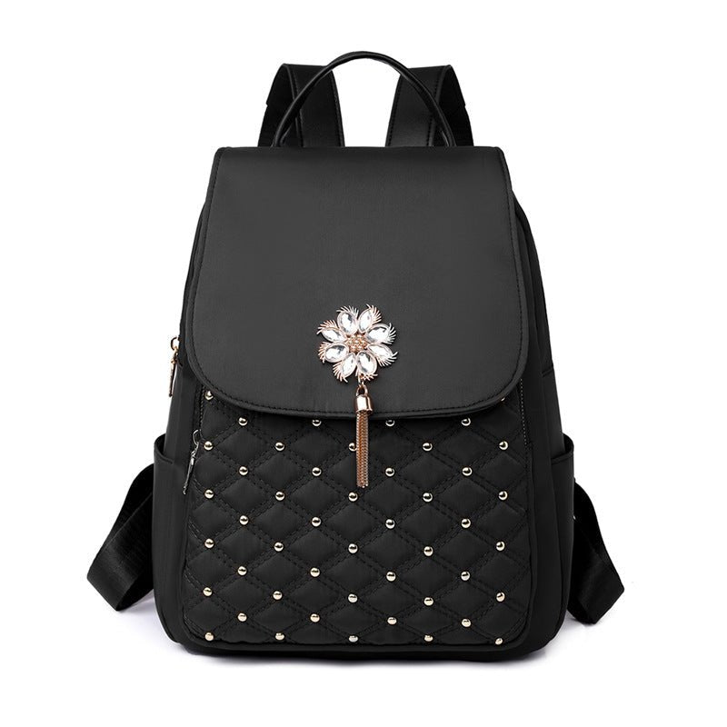 Chic Nylon Backpack: Korean Style with Fashionable Embroidery Thread Black