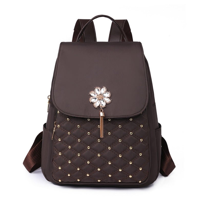 Chic Nylon Backpack: Korean Style with Fashionable Embroidery Thread Brown