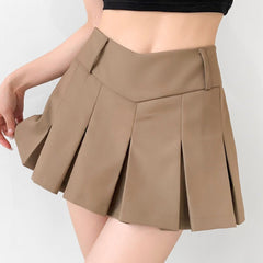 Chic Preppy V - Waist Mini Skirt, Ultra Short A - Line Skirt for All - Day Khaki