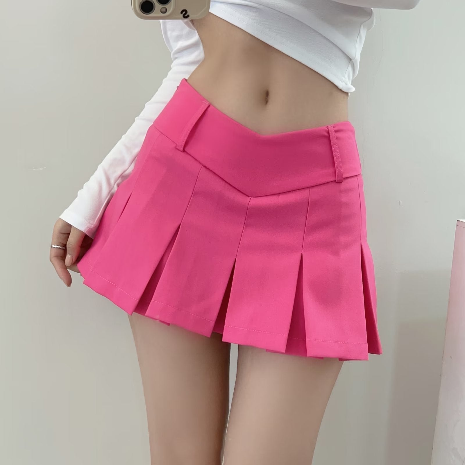 Chic Preppy V - Waist Mini Skirt, Ultra Short A - Line Skirt for All - Day Rose Red