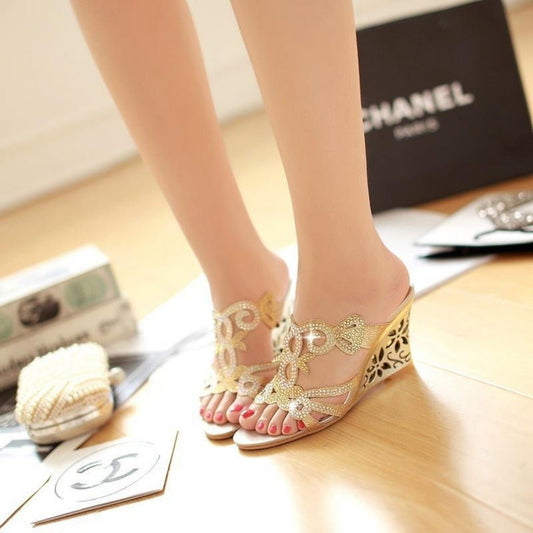 Chic Sparkling Wedge Sandals Peep Toe Slip - on Rhinestone Women's Gold