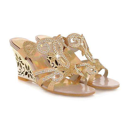 Chic Sparkling Wedge Sandals Peep Toe Slip - on Rhinestone Women's Gold