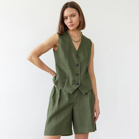 Chic V - neck Vest and Shorts Women's Set Green