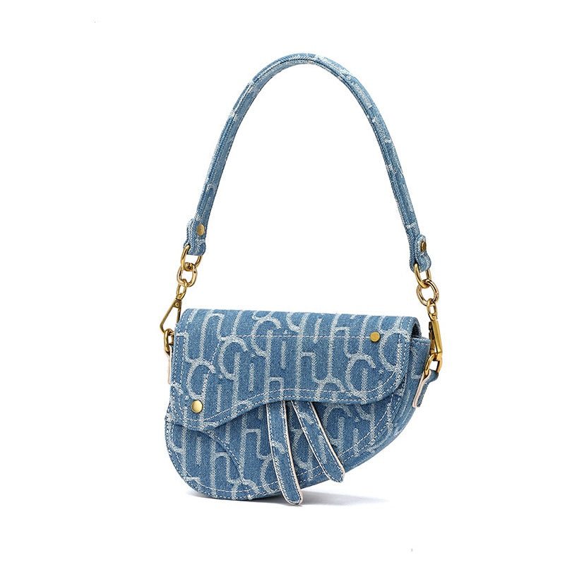 Chic Women's Vintage Denim Saddle Bag: Timeless Fashion Statement Blue