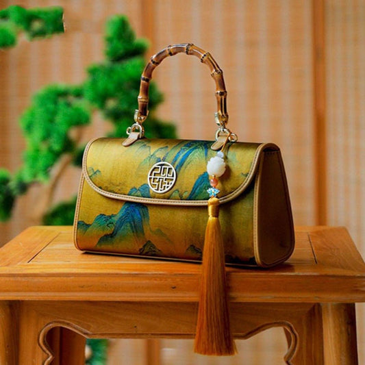 Chinese Style Bamboo Handbag Silk Women Cheongsam Crossbody Small Bag Brown Bamboo