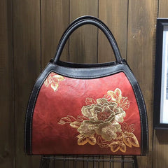 Chinese Style Embroidery Luxury Handbag Pu Leather Large Capacity Shoulder Bags Red