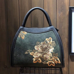 Chinese Style Embroidery Luxury Handbag Pu Leather Large Capacity Shoulder Bags Green