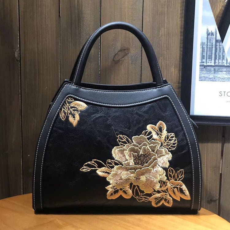 Chinese Style Embroidery Luxury Handbag Pu Leather Large Capacity Shoulder Bags Black