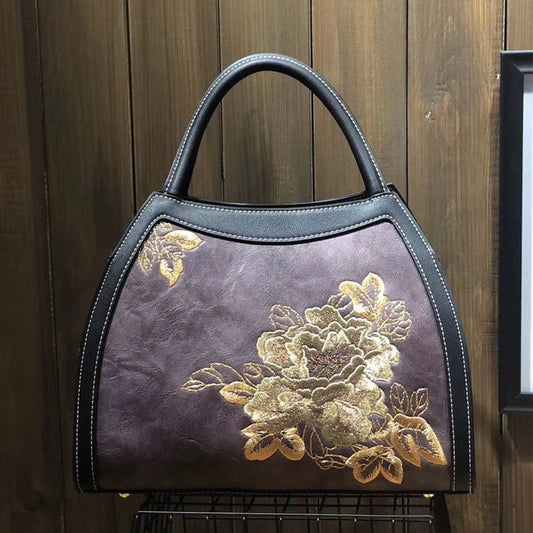 Chinese Style Embroidery Luxury Handbag Pu Leather Large Capacity Shoulder Bags Purple