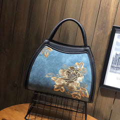 Chinese Style Embroidery Luxury Handbag Pu Leather Large Capacity Shoulder Bags Blue