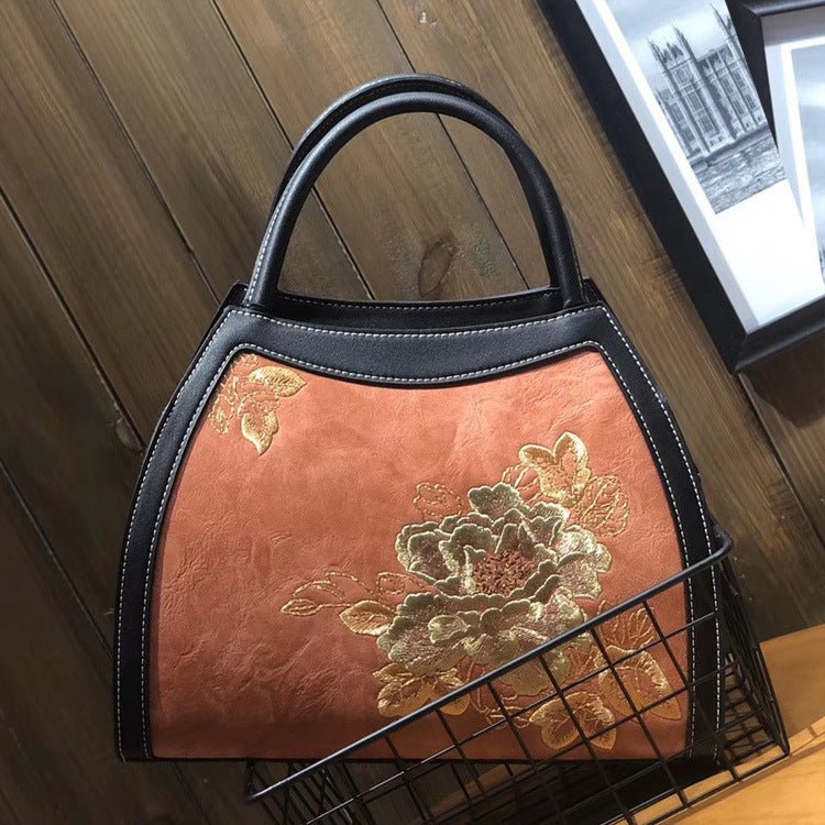 Chinese Style Embroidery Luxury Handbag Pu Leather Large Capacity Shoulder Bags Brown