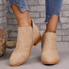 Chunky Heel Pointed Toe Ankle Boots With V - cut Khaki