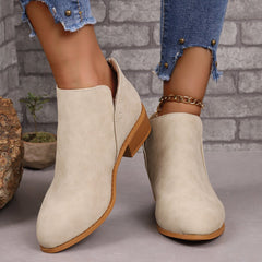 Chunky Heel Pointed Toe Ankle Boots With V - cut Off white